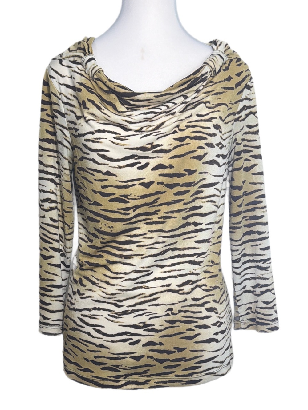 Jones New York Cowl Neck Tiger-Strip Animal Print Blouse in Beige, Black & Brown